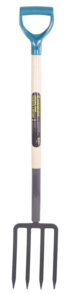 Yardworks Tempered-Steel 4-Tine D-Grip Spading Fork, 30.5-in Wooden Shaft